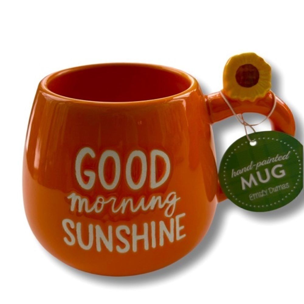 Emily Dumas Coffee Mug Tea “Good Morning Sunshine” Orange Sunflower • NWT